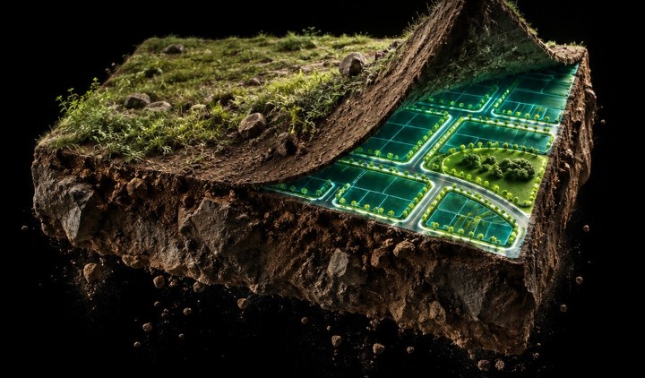 Open land concept with the terrain lifted to reveal a planned road and parcel network.