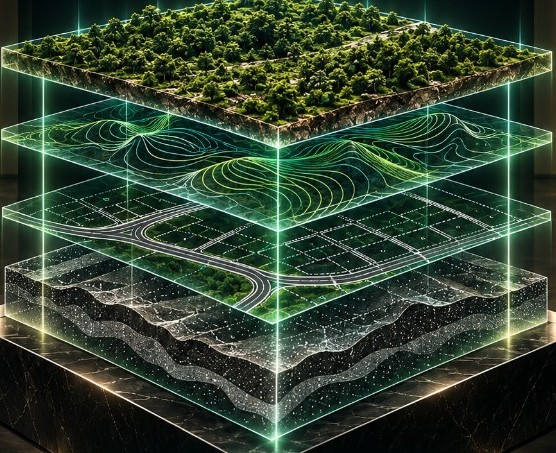 Layered digital land model showing terrain, topography, roads, and subsurface geology.